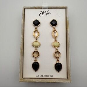 EttaVee Gold-Tone Drop Earrings w/ Black & Neutral Stones, NIB